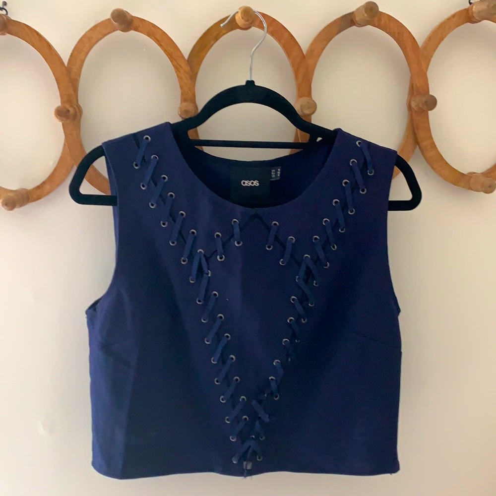 Navy blue ASOS crop top with shoelace design